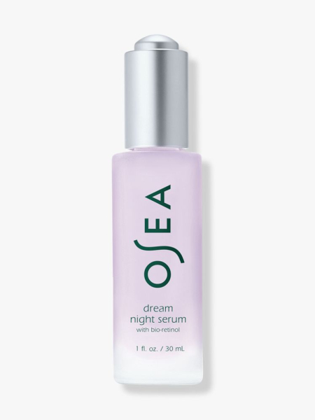 Osea Dream Night Serum purple and silver serum bottle on light gray background